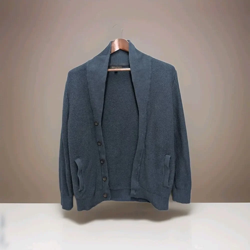 Banana Republic Mens L Shawl Collar Heavy Knit Ribbed Blue Cardigan Grandpacore